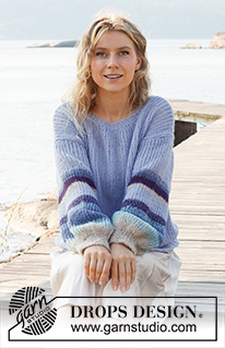 Blue Sunrise / DROPS 221-24 - Strikket bluse i 2 tråde DROPS Brushed Alpaca Silk. Arbejdet strikkes med striber og ballonærmer. Størrelse XS - XXL.