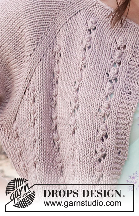 Rosebud Parade Cardigan / DROPS 221-33 - Strikket jakke i DROPS Muskat eller DROPS Sky. Arbeidet strikkes ovenfra og ned med raglan, hullmønster, knuter og ¾ lange ermer. Størrelse S - XXXL.