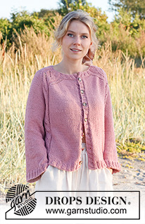 Easy Twist Cardigan / DROPS 221-35 - Ylhäältä alas neulottu jakku DROPS Paris-langasta. Työssä on satulaolkapäät ja pitsineuletta. Koot S-XXXL.