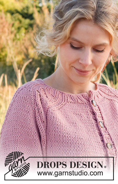 Easy Twist Cardigan / DROPS 221-35 - Ylhäältä alas neulottu jakku DROPS Paris-langasta. Työssä on satulaolkapäät ja pitsineuletta. Koot S-XXXL.