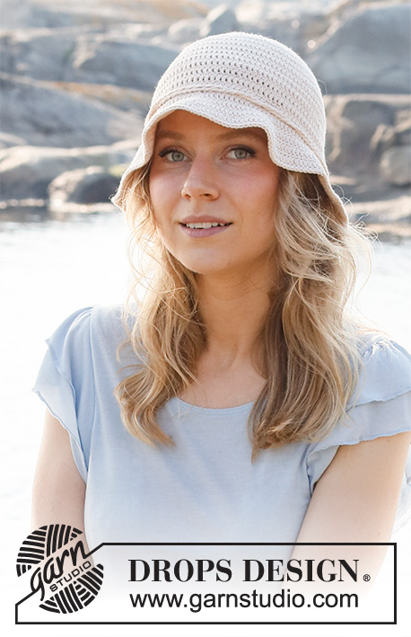 Seaside Shade / DROPS 221-41 - Klobouk háčkovaný dlouhými a krátkými sloupky shora dolů z příze DROPS Belle. Velikost S-L.