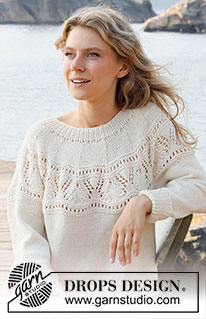 White Moon / DROPS 221-5 - Strikket bluse med rundt bærestykke i DROPS Merino Extra Fine eller DROPS Cotton Merino. Arbejdet strikkes i glatstrik med hulmønster på bærestykket, og kanter i rib. Størrelse XS - XXL.