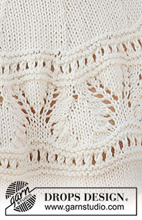 White Moon / DROPS 221-5 - Strikket bluse med rundt bærestykke i DROPS Merino Extra Fine eller DROPS Cotton Merino. Arbejdet strikkes i glatstrik med hulmønster på bærestykket, og kanter i rib. Størrelse XS - XXL.