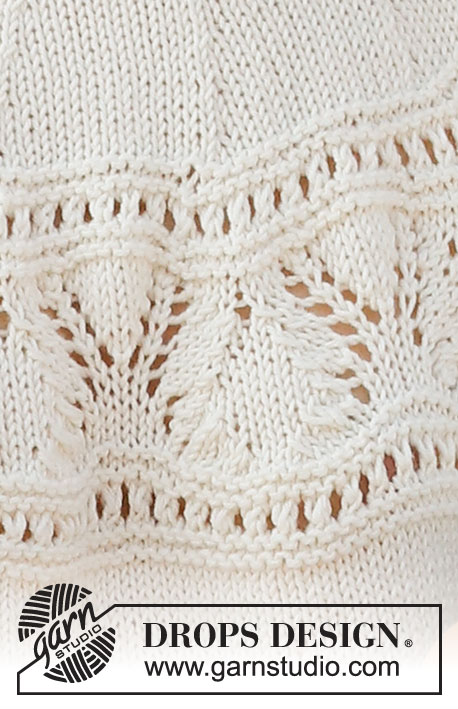 White Moon / DROPS 221-5 - Strikket bluse med rundt bærestykke i DROPS Merino Extra Fine eller DROPS Cotton Merino. Arbejdet strikkes i glatstrik med hulmønster på bærestykket, og kanter i rib. Størrelse XS - XXL.