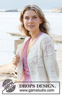 White Moon Cardigan / DROPS 221-6 - Strikket jakke med rundfelling i DROPS Cotton Merino eller DROPS Merino Extra Fine. Arbeidet strikkes i glattstrikk med hullmønster på bærestykket, og kanter i vrangbord. Størrelse XS - XXL.