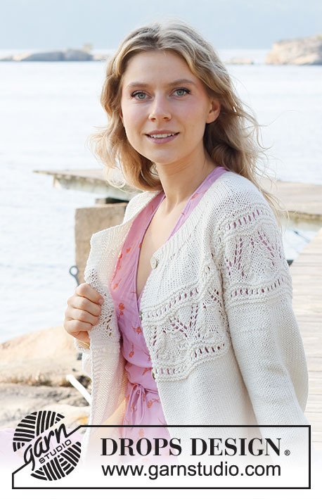 White Moon Cardigan / DROPS 221-6 - Strikket jakke med rundfelling i DROPS Cotton Merino eller DROPS Merino Extra Fine. Arbeidet strikkes i glattstrikk med hullmønster på bærestykket, og kanter i vrangbord. Størrelse XS - XXL.
