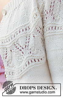 White Moon Cardigan / DROPS 221-6 - Strikket jakke med rundfelling i DROPS Cotton Merino eller DROPS Merino Extra Fine. Arbeidet strikkes i glattstrikk med hullmønster på bærestykket, og kanter i vrangbord. Størrelse XS - XXL.