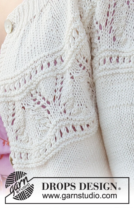 White Moon Cardigan / DROPS 221-6 - Strikket jakke med rundfelling i DROPS Cotton Merino eller DROPS Merino Extra Fine. Arbeidet strikkes i glattstrikk med hullmønster på bærestykket, og kanter i vrangbord. Størrelse XS - XXL.