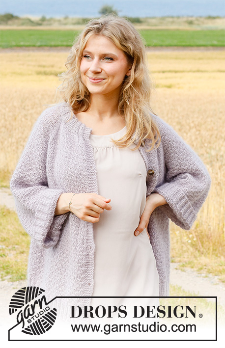 Lavender Sprinkles Jacket / DROPS 222-11 - Strikket jakke med raglan i DROPS Alpaca og DROPS Kid-Silk. Arbejdet strikkes oppefra og ned med dobbelt halskant, strukturmønster og ¾ lange ærmer. Størrelse XS - XXL.