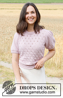 Flower Wish / DROPS 222-14 - Strikket bluse i DROPS Alpaca. Arbejdet strikkes med hulmønster og korte pufærmer. Størrelse S - XXXL.
