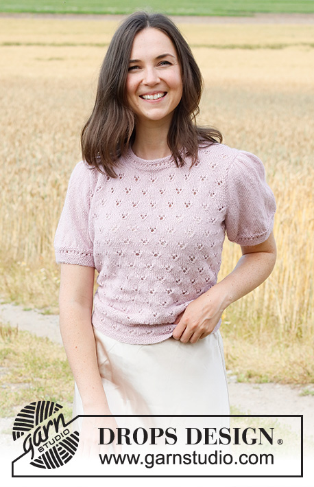 Flower Wish / DROPS 222-14 - Strikket bluse i DROPS Alpaca. Arbejdet strikkes med hulmønster og korte pufærmer. Størrelse S - XXXL.