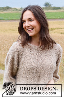 Crushed Walnuts Sweater / DROPS 222-15 - Strikket bluse med rundt bærestykke i DROPS Alpaca Bouclé. Arbejdet strikkes oppefra og ned med ¾ lange ærmer. Størrelse S - XXXL.