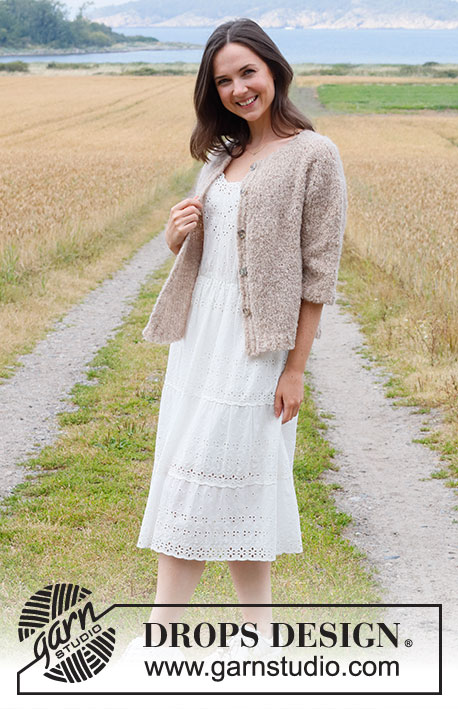 Crushed Walnuts / DROPS 222-16 - Knitted jacket in DROPS Alpaca Bouclé. The piece is worked top down with round yoke and ¾-length sleeves. Sizes S - XXXL.