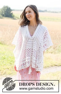 Moon Trail / DROPS 222-18 - Virkad poncho i DROPS Bomull-Lin eller DROPS Paris. Arbetet virkas uppifrån och ner med vinklar och hålmönster. Storlek S - XXXL.