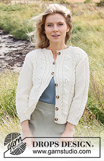 Bright Sand Shore Cardigan / DROPS 222-19 - Gilet tricoté en DROPS Merino Extra Fine, avec torsades, nopes et manches ¾. Du S au XXXL.