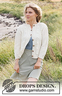 Bright Sand Shore Cardigan / DROPS 222-19 - Gilet tricoté en DROPS Merino Extra Fine, avec torsades, nopes et manches ¾. Du S au XXXL.