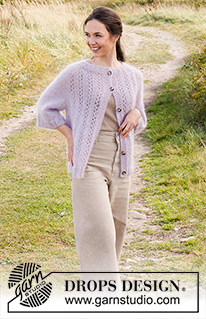 Lost in Lavender Cardigan / DROPS 222-2 - Knitted jacket with saddle-shoulders and lace pattern in 3 strands DROPS Kid-Silk. The piece is worked top down. Sizes S - XXXL.