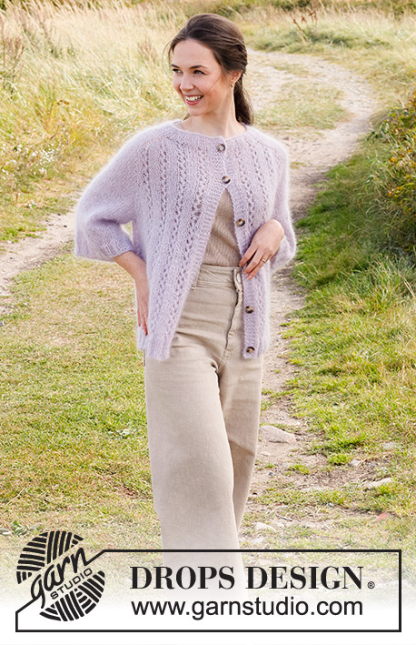 Lost in Lavender Cardigan / DROPS 222-2 - Knitted jacket with saddle-shoulders and lace pattern in 3 strands DROPS Kid-Silk. The piece is worked top down. Sizes S - XXXL.