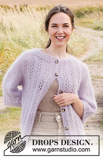 Lost in Lavender Cardigan / DROPS 222-2 - Knitted jacket with saddle-shoulders and lace pattern in 3 strands DROPS Kid-Silk. The piece is worked top down. Sizes S - XXXL.