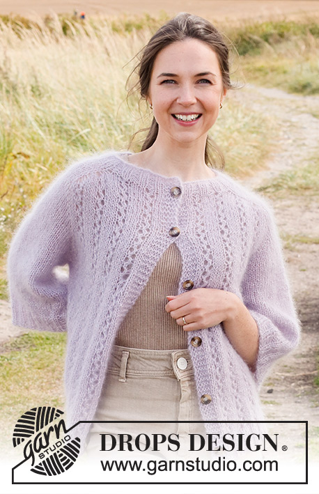 Lost in Lavender Cardigan / DROPS 222-2 - Knitted jacket with saddle-shoulders and lace pattern in 3 strands DROPS Kid-Silk. The piece is worked top down. Sizes S - XXXL.