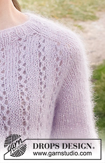 Lost in Lavender Cardigan / DROPS 222-2 - Knitted jacket with saddle-shoulders and lace pattern in 3 strands DROPS Kid-Silk. The piece is worked top down. Sizes S - XXXL.