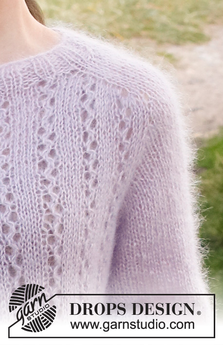 Lost in Lavender Cardigan / DROPS 222-2 - Knitted jacket with saddle-shoulders and lace pattern in 3 strands DROPS Kid-Silk. The piece is worked top down. Sizes S - XXXL.