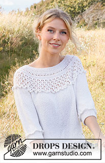 Incoming Tide Sweater / DROPS 222-21 - Sweter na drutach przerabiany od góry do dołu, z zaokrąglonym karczkiem, reglanem, falbankami ściegiem ażurowym i rękawami ¾, z włóczki DROPS Alpaca. Od S do XXXL.