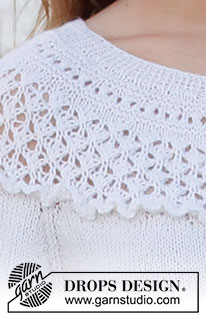 Incoming Tide / DROPS 222-22 - Knitted jacket in DROPS BabyAlpaca Silk. The piece is worked top down with round yoke, raglan, flounces, lace pattern and ¾-length sleeves. Sizes S - XXXL.
