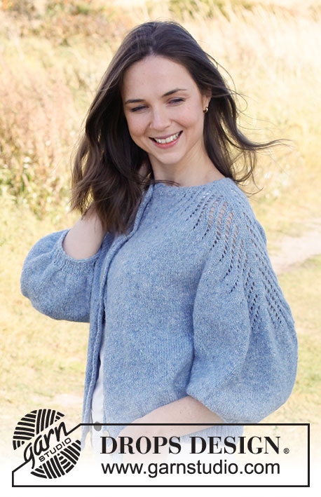 Sapphire Trails Cardigan / DROPS 222-23 - Gilet tricoté de haut en bas, avec point ajouré et manches ¾ bouffantes, en DROPS Sky. Du S au XXXL.