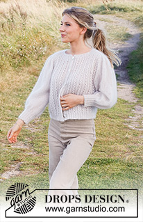 White Water Jacket / DROPS 222-26 - Gilet tricoté de haut en bas avec 2 fils DROPS Kid-Silk, avec manches marteau, point ajouré et manches bouffantes. Du S au XXXL