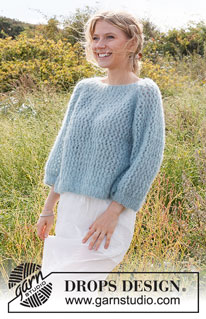 Cooling Creek / DROPS 222-27 - Knitted sweater in 2 strands DROPS Brushed Alpaca Silk or 1 strand DROPS Melody. The piece is worked top down with raglan, lace pattern and ¾-length sleeves. Sizes S - XXXL.