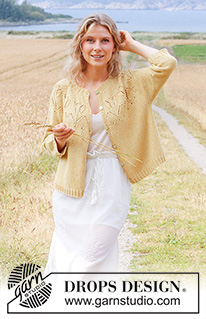 Yellow Tulip Jacket / DROPS 222-3 - Strikket jakke i DROPS Belle eller DROPS Merino Extra Fine. Arbejdet strikkes med rundt bærestykke, hulmønster og ¾ lange ærmer. Størrelse S - XXXL.