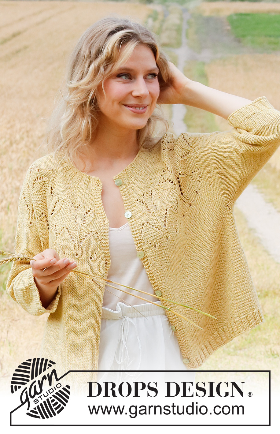 Yellow Tulip Jacket / DROPS 222-3 - Strikket jakke i DROPS Belle eller DROPS Merino Extra Fine. Arbejdet strikkes med rundt bærestykke, hulmønster og ¾ lange ærmer. Størrelse S - XXXL.