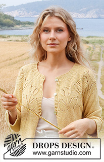 Yellow Tulip Jacket / DROPS 222-3 - Strikket jakke i DROPS Belle eller DROPS Merino Extra Fine. Arbejdet strikkes med rundt bærestykke, hulmønster og ¾ lange ærmer. Størrelse S - XXXL.