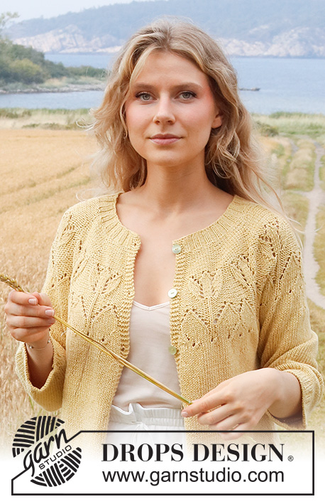 Yellow Tulip Jacket / DROPS 222-3 - Strikket jakke i DROPS Belle eller DROPS Merino Extra Fine. Arbejdet strikkes med rundt bærestykke, hulmønster og ¾ lange ærmer. Størrelse S - XXXL.