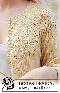 Yellow Tulip Jacket / DROPS 222-3 - Strikket jakke i DROPS Belle eller DROPS Merino Extra Fine. Arbejdet strikkes med rundt bærestykke, hulmønster og ¾ lange ærmer. Størrelse S - XXXL.
