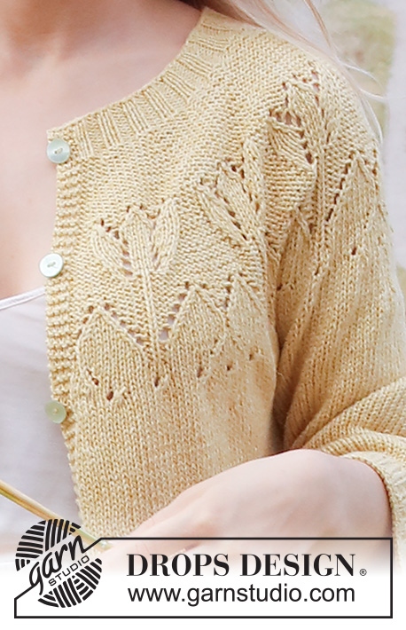 Yellow Tulip Jacket / DROPS 222-3 - Strikket jakke i DROPS Belle eller DROPS Merino Extra Fine. Arbejdet strikkes med rundt bærestykke, hulmønster og ¾ lange ærmer. Størrelse S - XXXL.