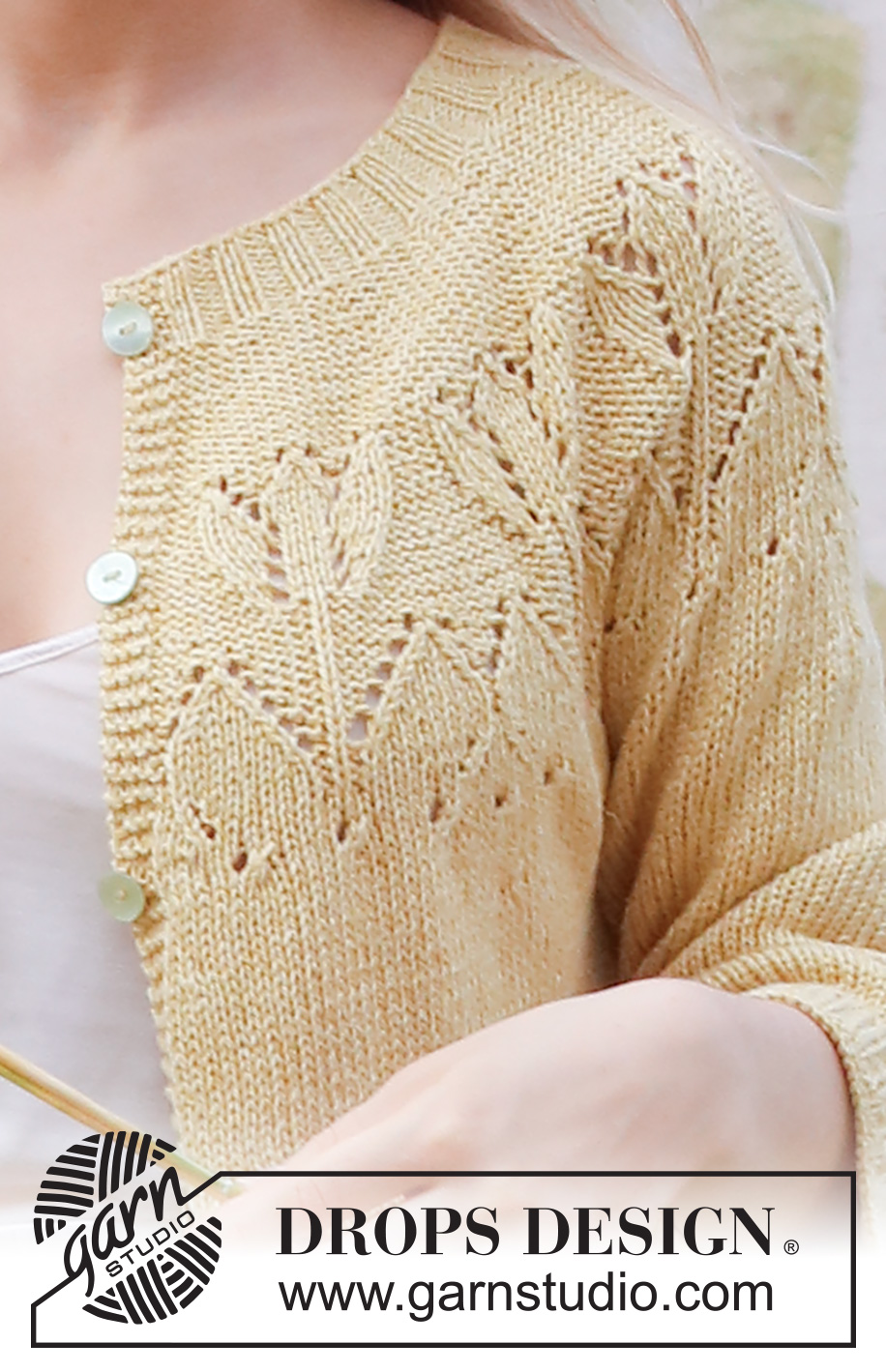 Yellow Tulip Jacket / DROPS 222-3 - Strikket jakke i DROPS Belle eller DROPS Merino Extra Fine. Arbejdet strikkes med rundt bærestykke, hulmønster og ¾ lange ærmer. Størrelse S - XXXL.