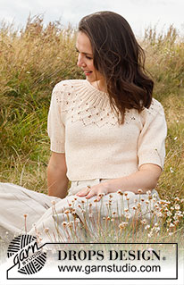 Swing by Spring Top / DROPS 222-32 - Pulovr s kruhovým sedlem, listovým ažurovým vzorem a krátkými balonovými rukávy pletený shora dolů z příze DROPS Belle. Velikost: S - XXXL