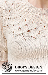 Swing by Spring Top / DROPS 222-32 - Pulovr s kruhovým sedlem, listovým ažurovým vzorem a krátkými balonovými rukávy pletený shora dolů z příze DROPS Belle. Velikost: S - XXXL
