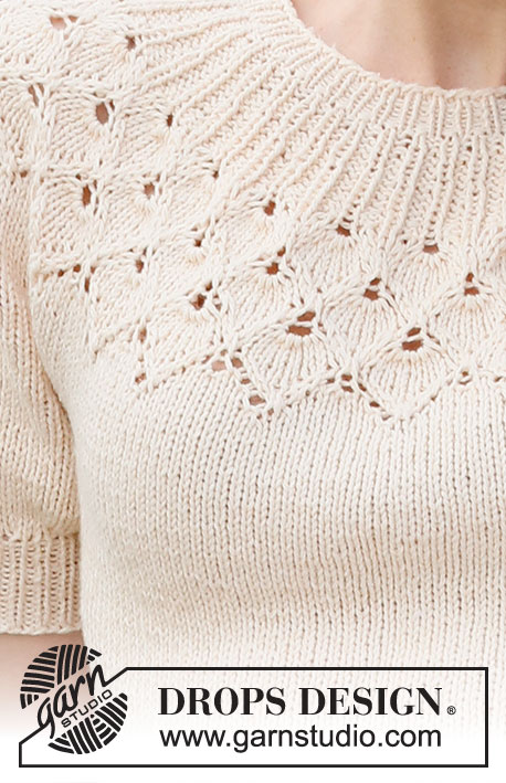 Swing by Spring Top / DROPS 222-32 - Pulovr s kruhovým sedlem, listovým ažurovým vzorem a krátkými balonovými rukávy pletený shora dolů z příze DROPS Belle. Velikost: S - XXXL