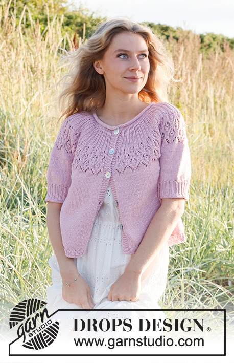 Now and Forever Cardi / DROPS 222-33 - Knitted jacket in DROPS Cotton Merino. Piece is knitted top down with rolling edge in the neck, round yoke, lace pattern on yoke and short sleeves. Size: S - XXXL