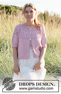 Now and Forever Cardi / DROPS 222-33 - Knitted jacket in DROPS Cotton Merino. Piece is knitted top down with rolling edge in the neck, round yoke, lace pattern on yoke and short sleeves. Size: S - XXXL