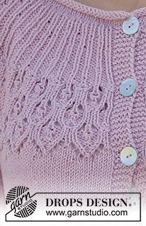 Now and Forever Cardi / DROPS 222-33 - Knitted jacket in DROPS Cotton Merino. Piece is knitted top down with rolling edge in the neck, round yoke, lace pattern on yoke and short sleeves. Size: S - XXXL