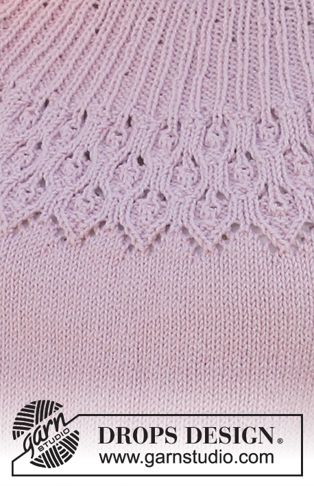 Now and Forever / DROPS 222-34 - Pull tricoté de haut en bas avec bordure d'encolure roulottée, empiècement arrondi ajouré et manches courtes, en DROPS Merino Extra Fine. Du S au XXXL