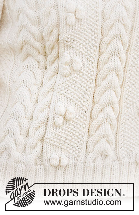 Bright Sand Shore / DROPS 222-35 - Strikket genser i DROPS Merino Extra Fine. Arbeidet strikkes med fletter, bobler og ¾ lange ermer. Størrelse S - XXXL.