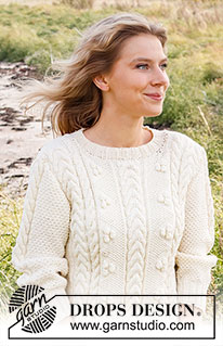 Bright Sand Shore / DROPS 222-35 - Strikket genser i DROPS Merino Extra Fine. Arbeidet strikkes med fletter, bobler og ¾ lange ermer. Størrelse S - XXXL.