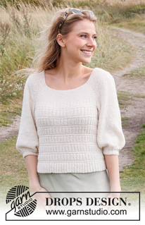 Summer Concerto / DROPS 222-39 - Strikket genser i DROPS Sky. Arbeidet strikkes ovenfra og ned med raglan, strukturmønster og ¾ lange ermer med puffermer. Størrelse S - XXXL.