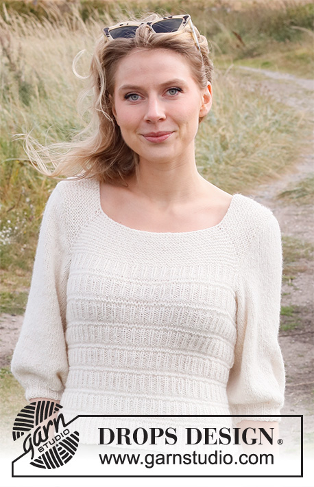 Summer Concerto / DROPS 222-39 - Strikket genser i DROPS Sky. Arbeidet strikkes ovenfra og ned med raglan, strukturmønster og ¾ lange ermer med puffermer. Størrelse S - XXXL.