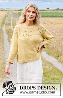 Yellow Tulip / DROPS 222-4 - Gestrickter Pullover in DROPS Belle oder DROPS Merino Extra Fine. Die Arbeit wird mit Rundpasse, Lochmuster und ¾ langen Ärmeln gestrickt. Größe S - XXXL.